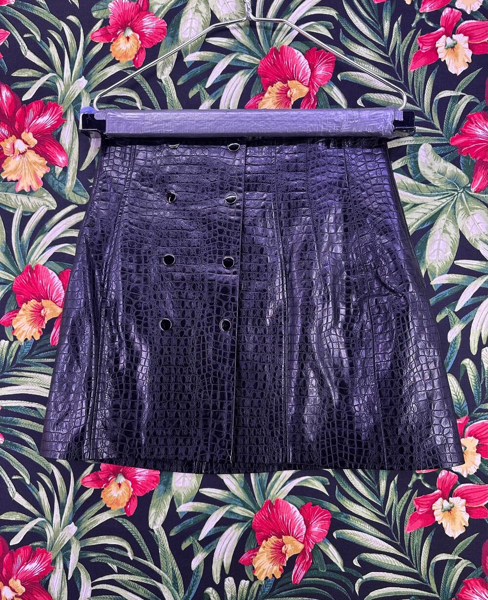 Zara Black Faux Leather Croc Snap Button Mini Skirt Size L